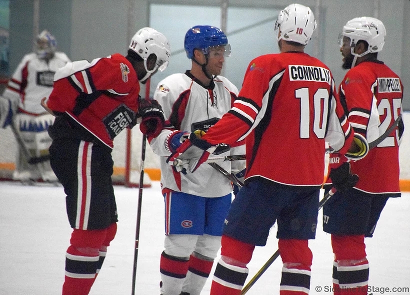 A meeting of NHL stars during a stoppage. (Left to right) Anthony Duclair, Max Domi, Brett Connolly and Devante Smith-Pelly.